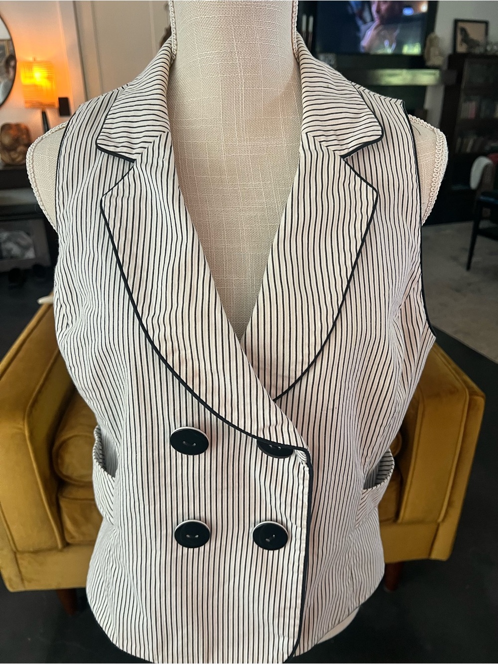 Nine West Black & White Pinstripe Double-Breasted Sleeveless Blazer